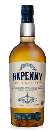 Bottle of Ha'penny Irish Whiskey on plain background