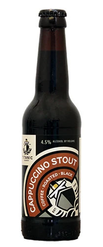 bottle of titanic cappuccino stout on plain background