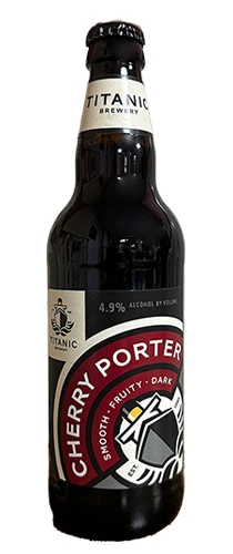 Bottle of titanic cherry porter on plain background