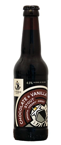 Bottle of Titanic Chocolate & Vanilla stout on plain background